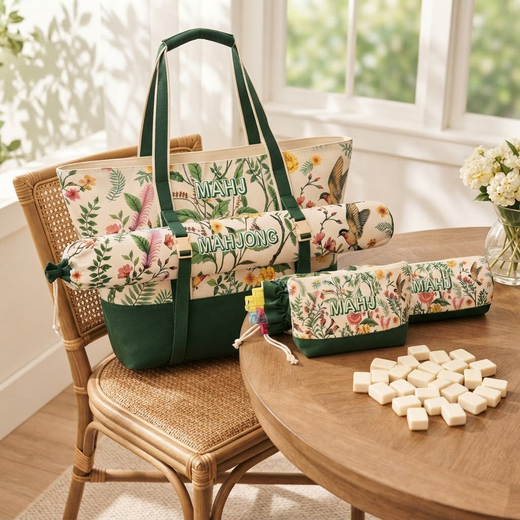 Green Garden mahjong bag set at a game table in a sunroom