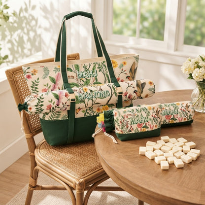 Green Garden mahjong bag set at a game table in a sunroom