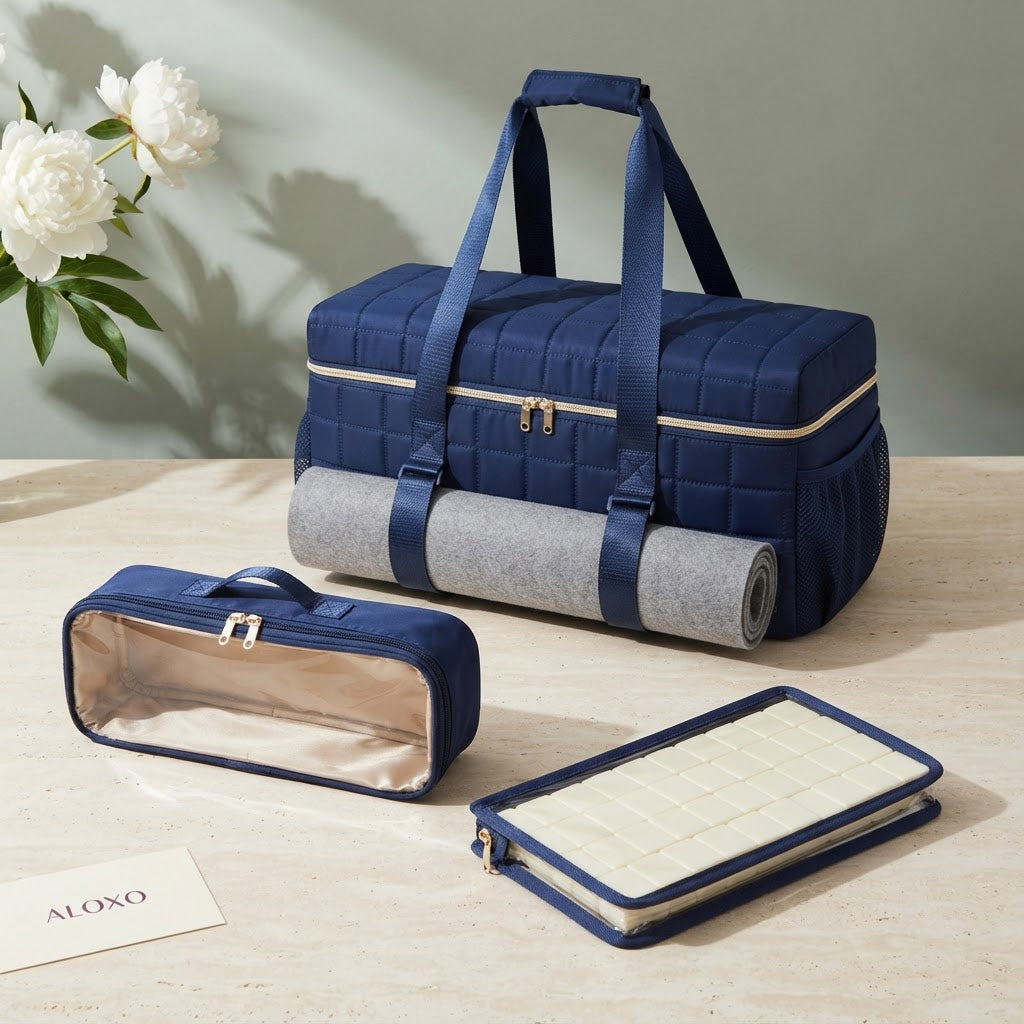 Navy quilted mahjong duffel set with clear tile pouch, clear rack bag and rolled mat
