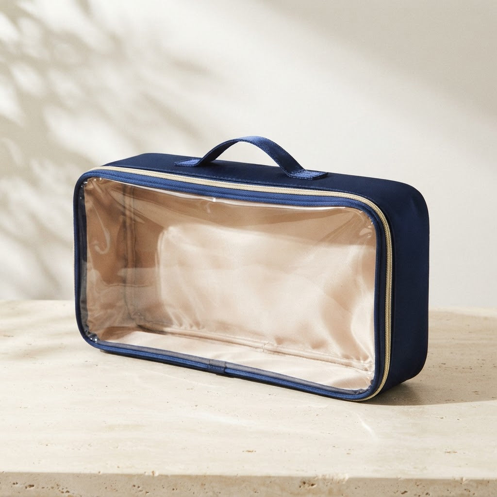 Clear-front rack and pusher bag with a top handle