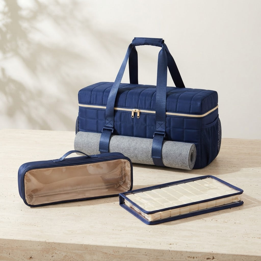 Three-piece quilted mahjong duffel set in navy