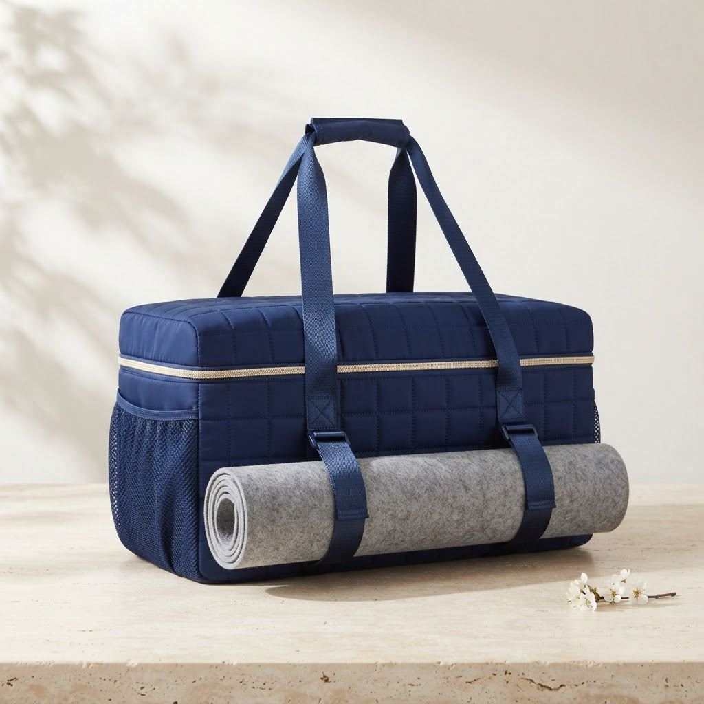 Navy quilted mahjong duffel with a rolled mat strapped to the front