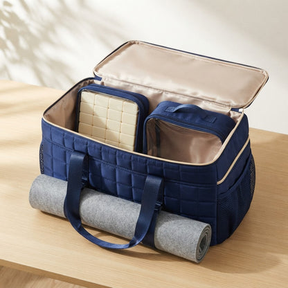 Open quilted duffel with the tile pouch and rack bag inside