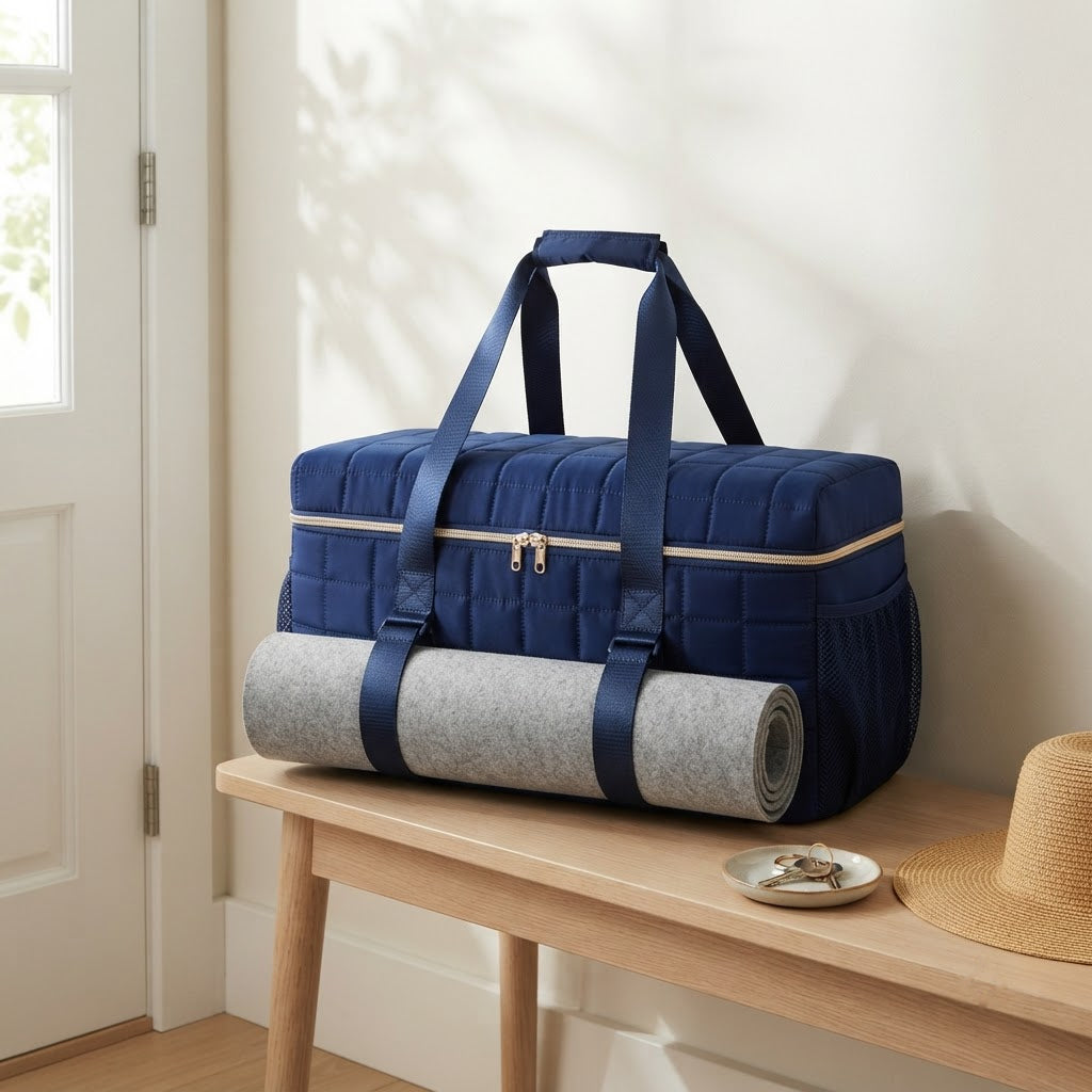 Navy quilted duffel on an entry bench by the front door