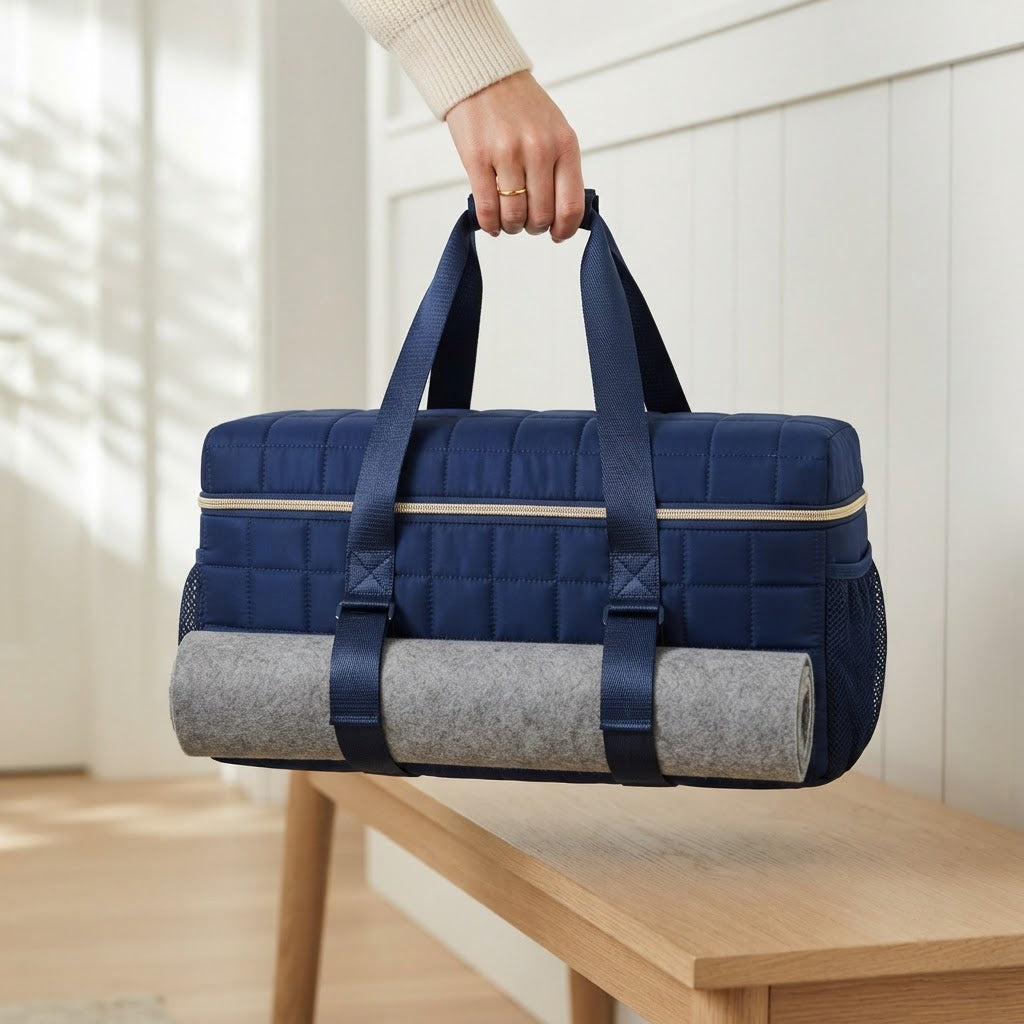 Hand carrying the navy quilted mahjong duffel