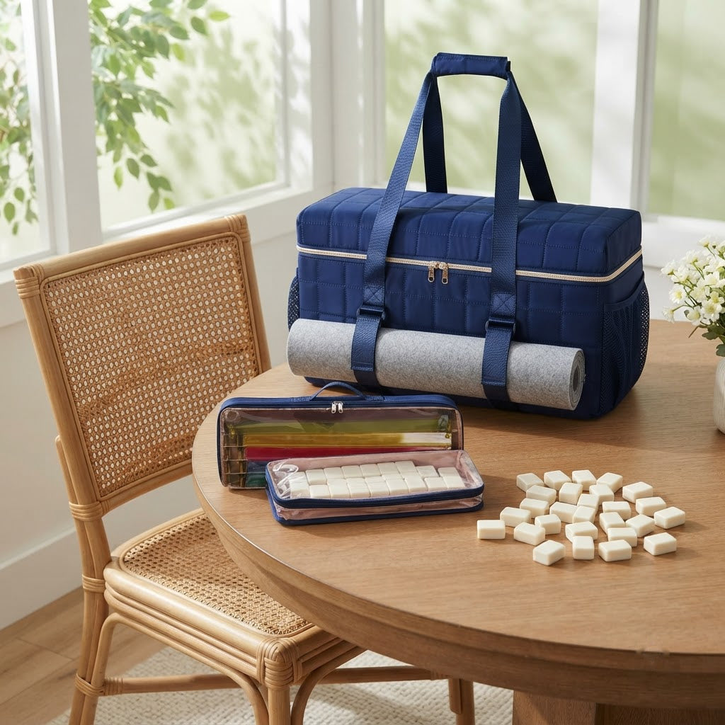 Quilted mahjong duffel set at a game table in a sunroom