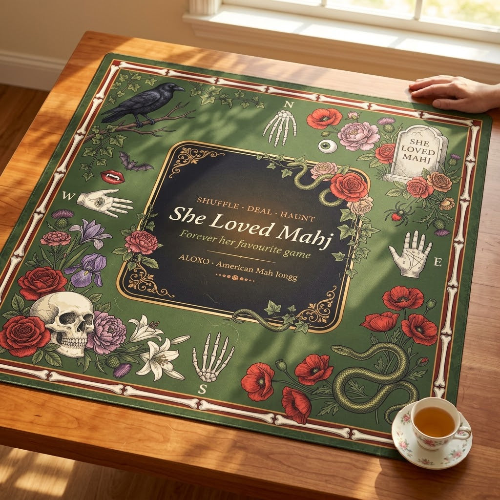 Raven & Rose Gothic mahjong mat laid out on a wooden table