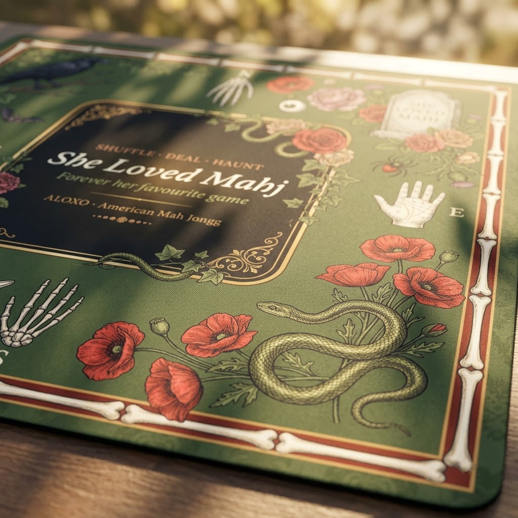 Close-up of the printed artwork on the Raven & Rose Gothic mahjong mat