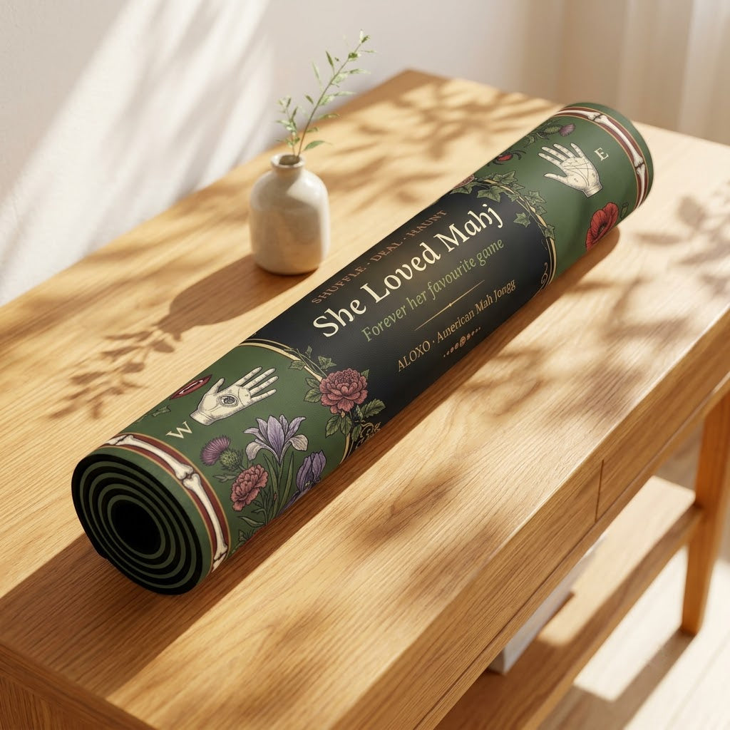Raven & Rose Gothic mahjong mat rolled up for storage