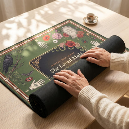 Hands unrolling the Raven & Rose Gothic mahjong mat across a table