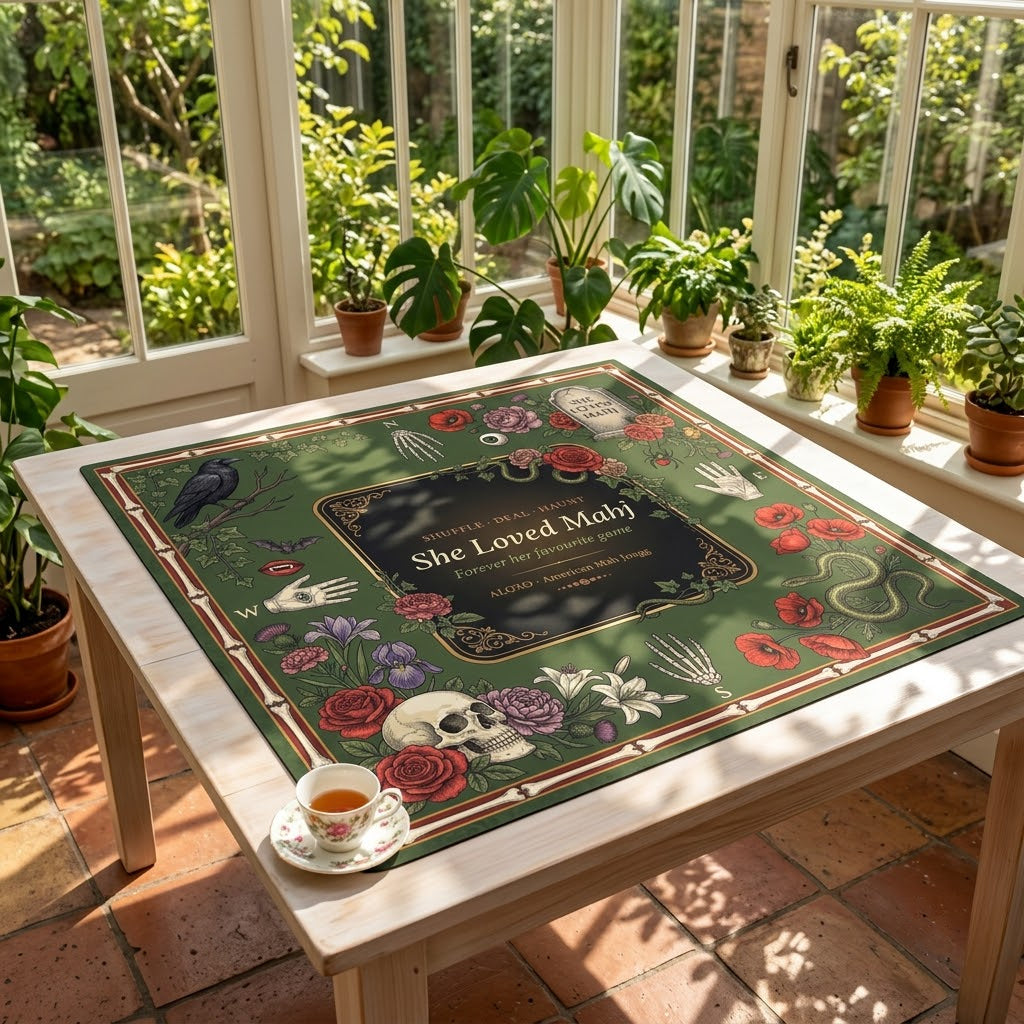 Raven & Rose Gothic mahjong mat on a table in a bright sunroom