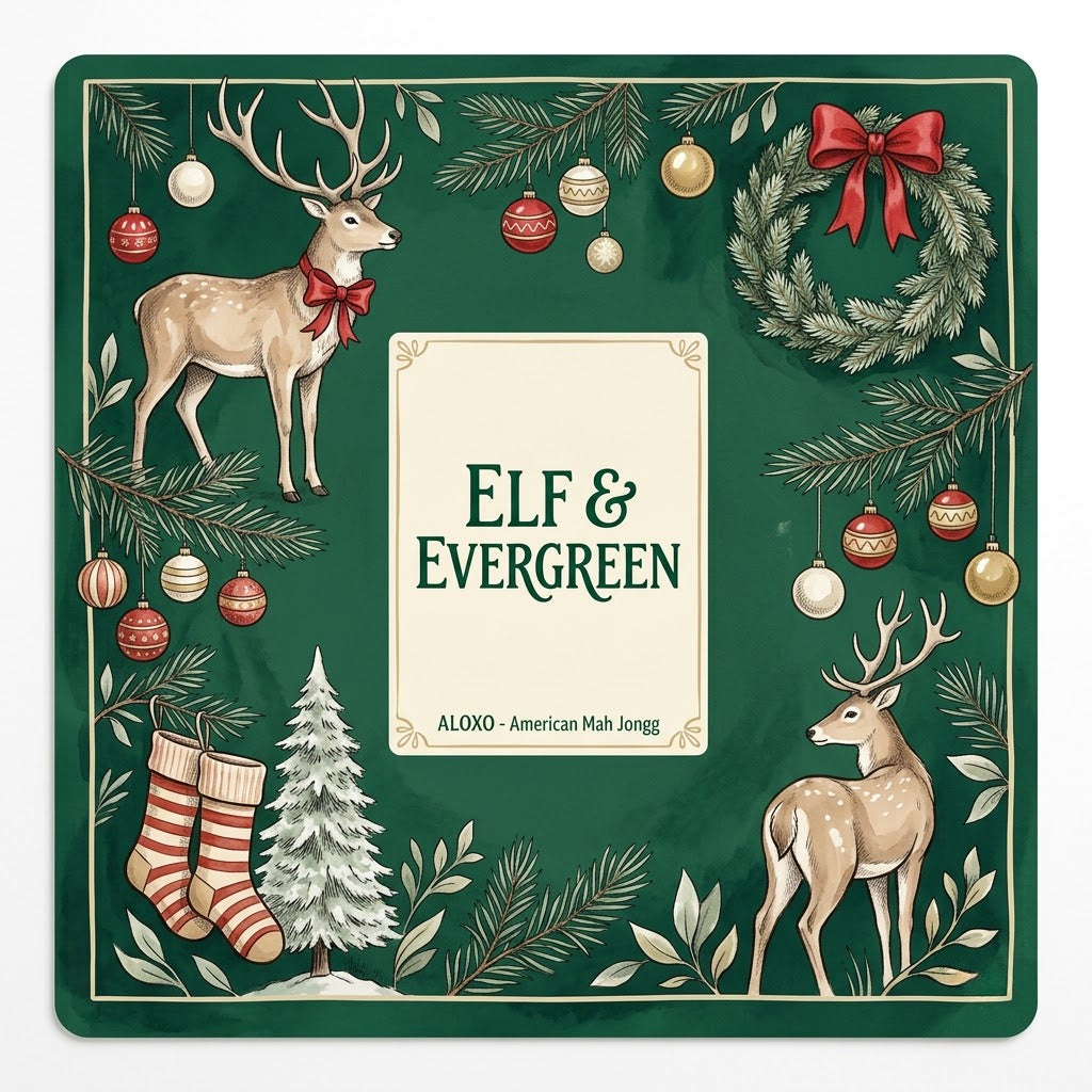 Reindeer & Evergreen mahjong mat, full printed artwork seen from above