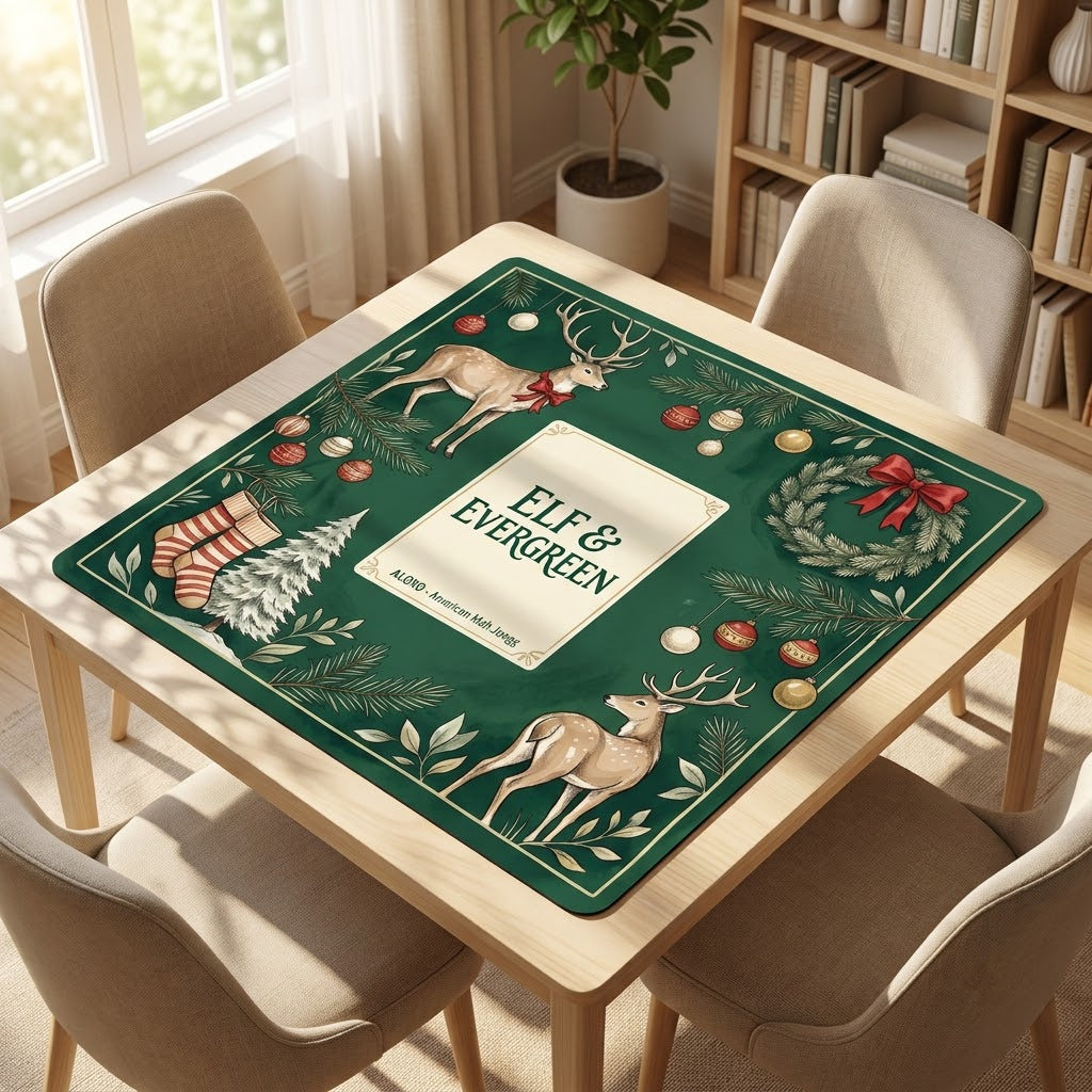 Reindeer & Evergreen mahjong mat on a card table with four chairs in a living room