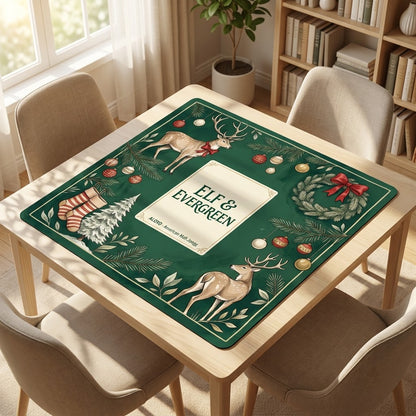 Reindeer & Evergreen mahjong mat on a card table with four chairs in a living room