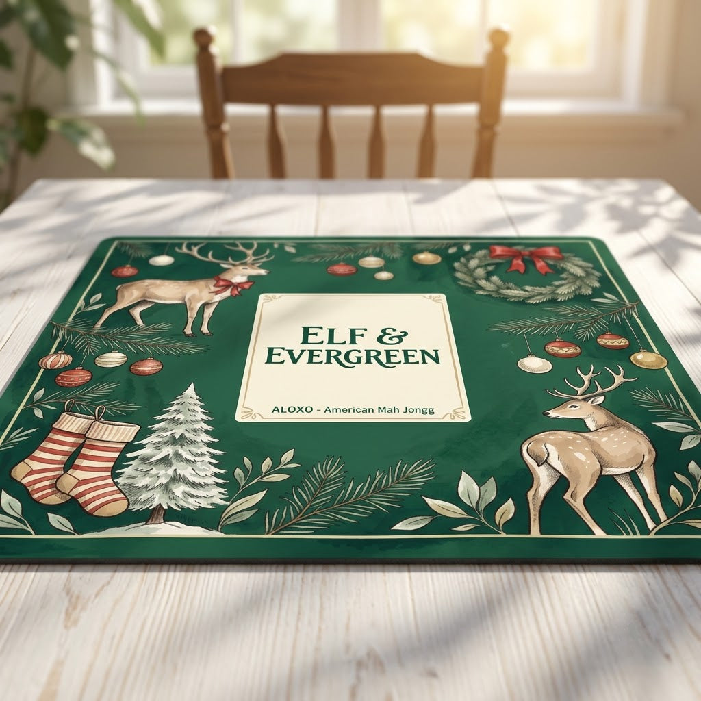 Low-angle view of the Reindeer & Evergreen mahjong mat lying flat on a table