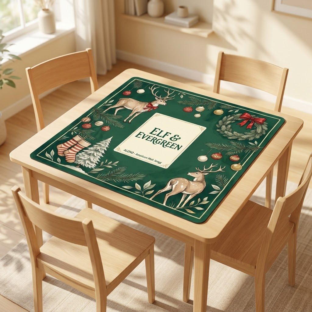 Reindeer & Evergreen mahjong mat covering a square card table, angled view