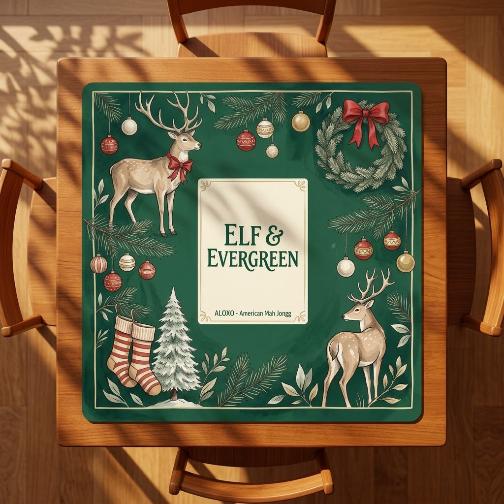 Reindeer & Evergreen mahjong mat on a square card table with four chairs, seen from above