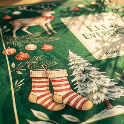 Close-up of the printed artwork on the Reindeer & Evergreen mahjong mat