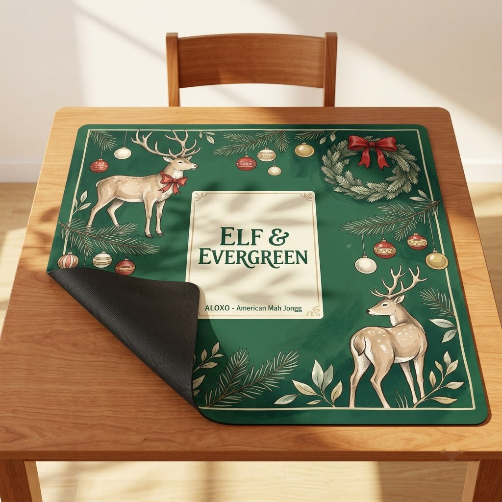 Reindeer & Evergreen mahjong mat with one corner folded back to show the black rubber underside