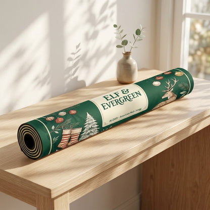 Reindeer & Evergreen mahjong mat rolled up on a console table
