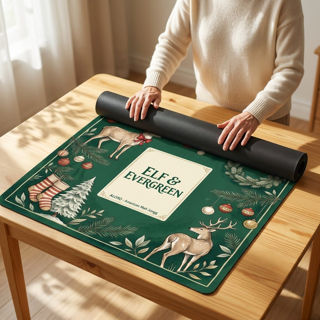 Woman unrolling the Reindeer & Evergreen mahjong mat across a card table