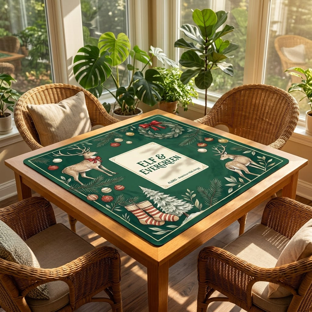 Reindeer & Evergreen mahjong mat on a card table in a sunroom with wicker chairs