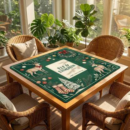 Reindeer & Evergreen mahjong mat on a card table in a sunroom with wicker chairs
