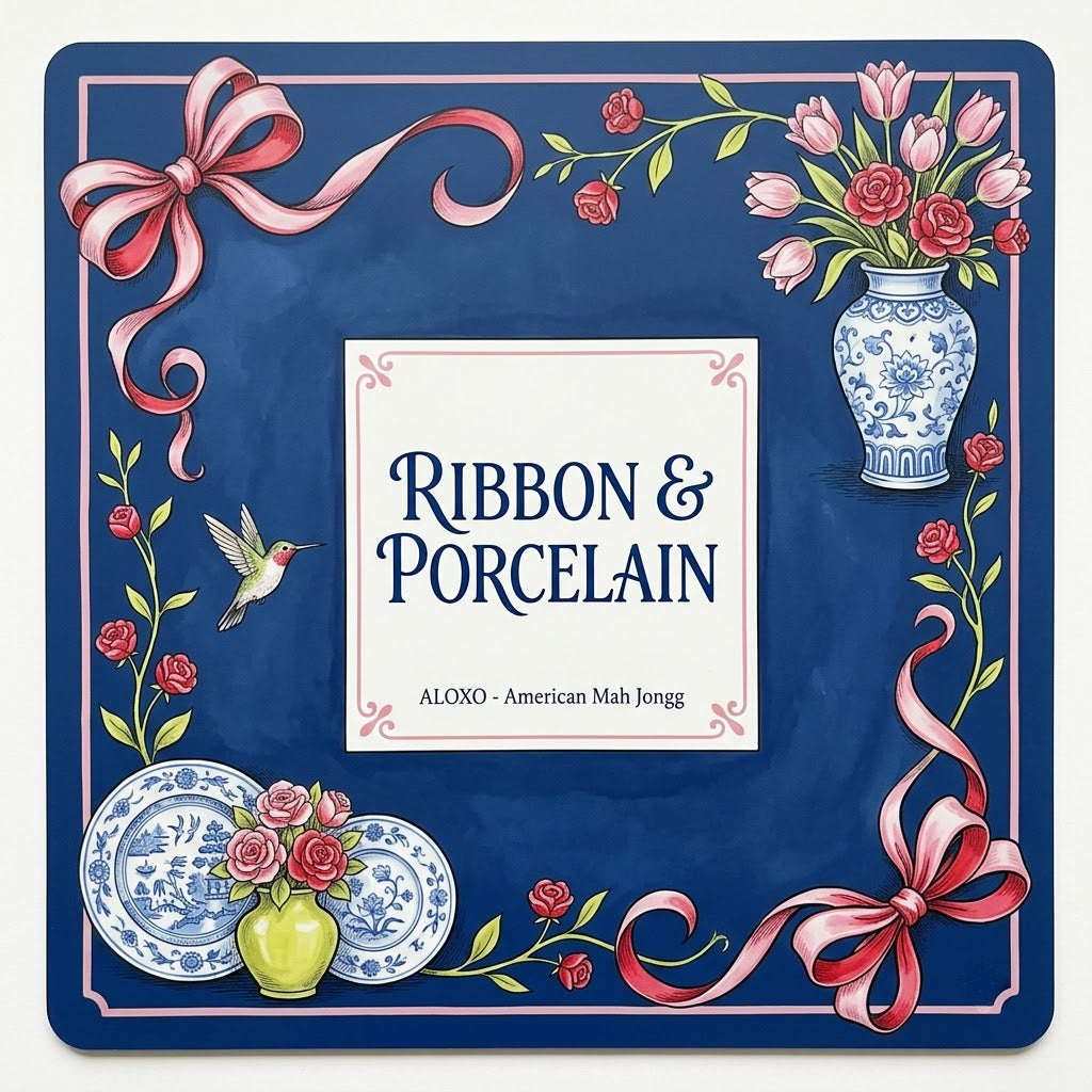 Rose Ribbon & Porcelain mahjong mat, full printed artwork seen from above