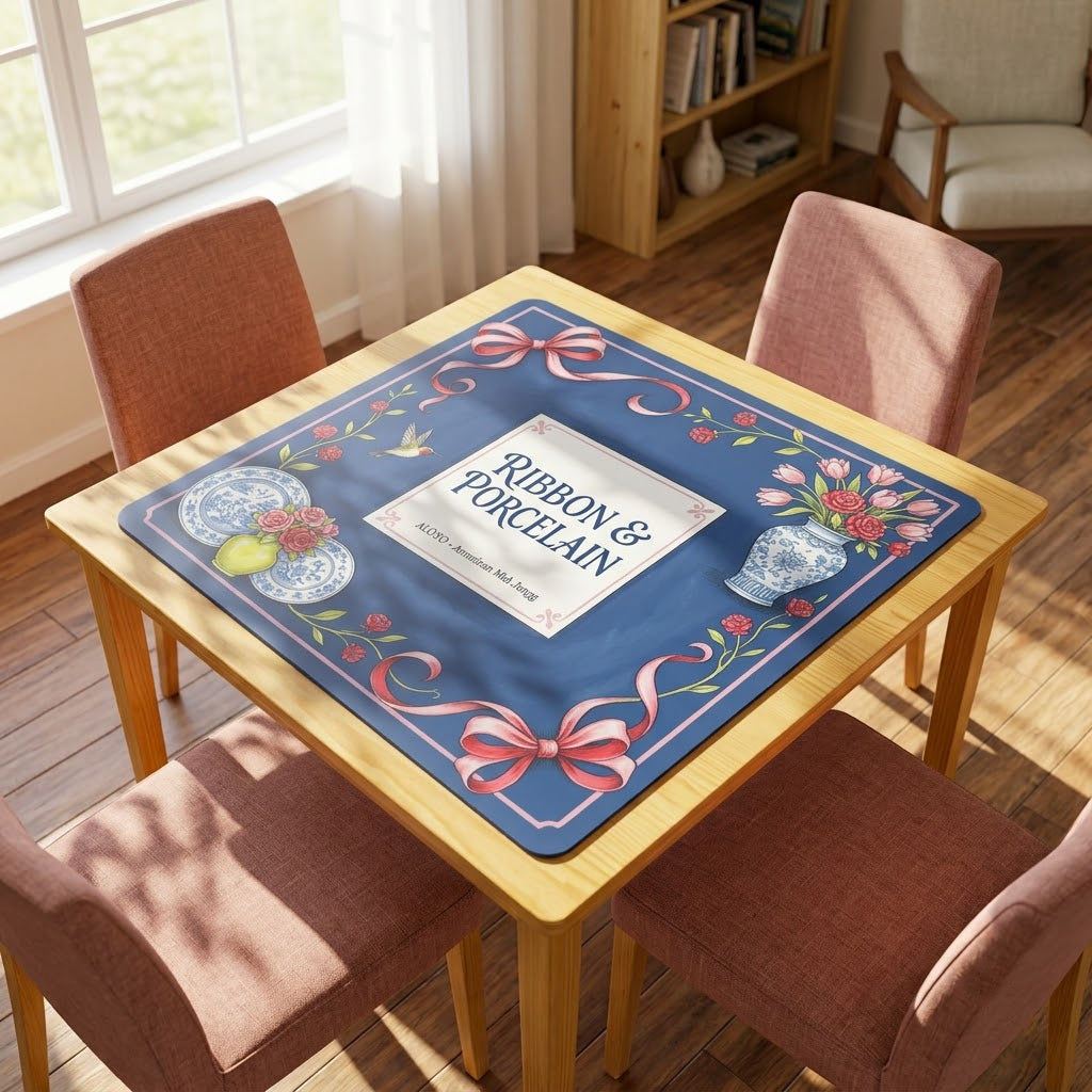Rose Ribbon & Porcelain mahjong mat on a card table with four chairs in a living room