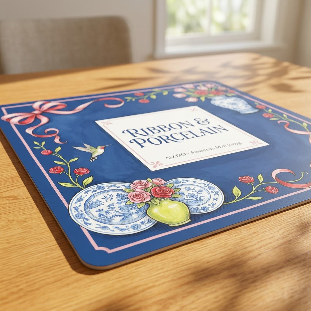 Low-angle view of the Rose Ribbon & Porcelain mahjong mat lying flat on a table