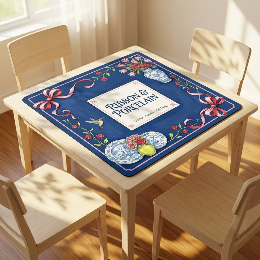 Rose Ribbon & Porcelain mahjong mat covering a square card table, angled view