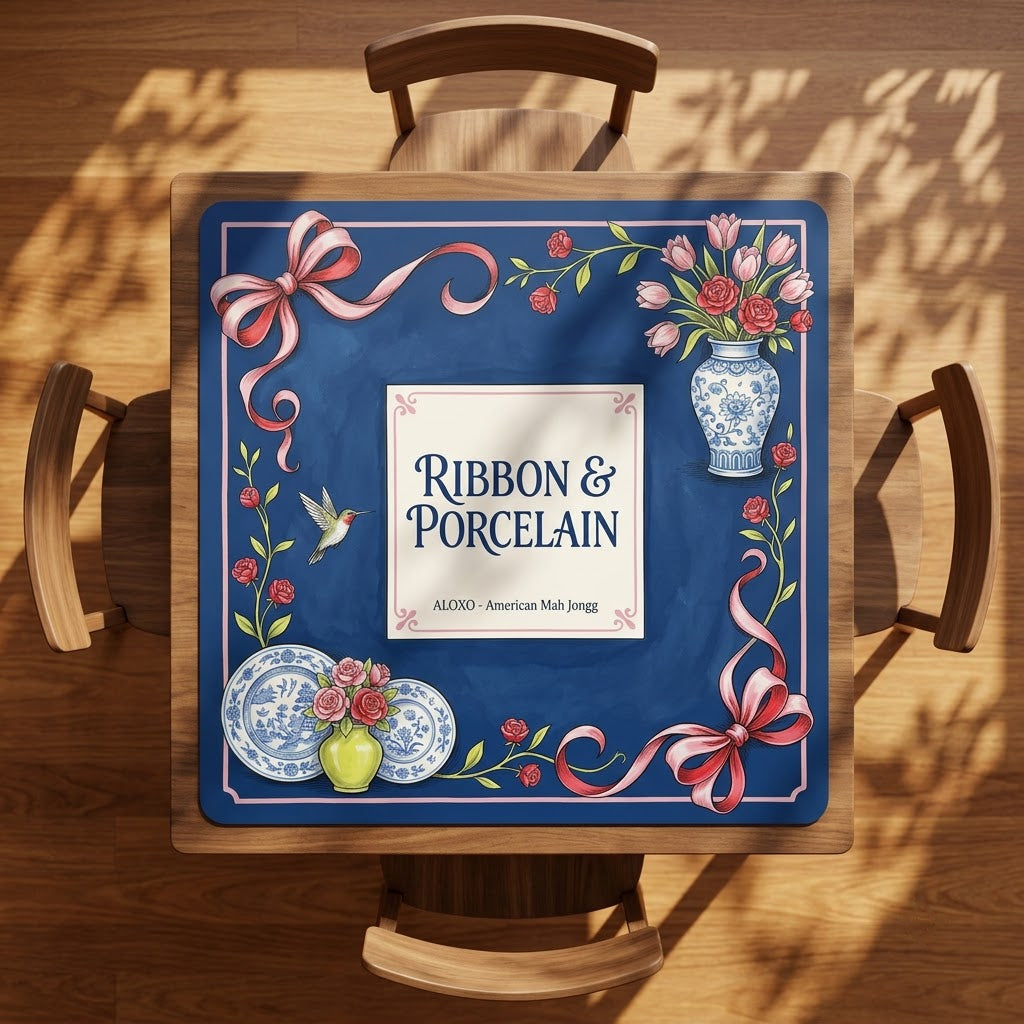 Rose Ribbon & Porcelain mahjong mat on a square card table with four chairs, seen from above
