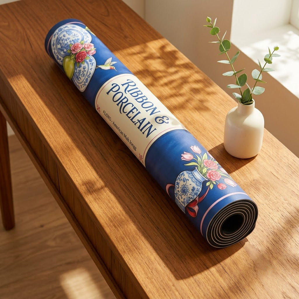 Rose Ribbon & Porcelain mahjong mat rolled up on a console table