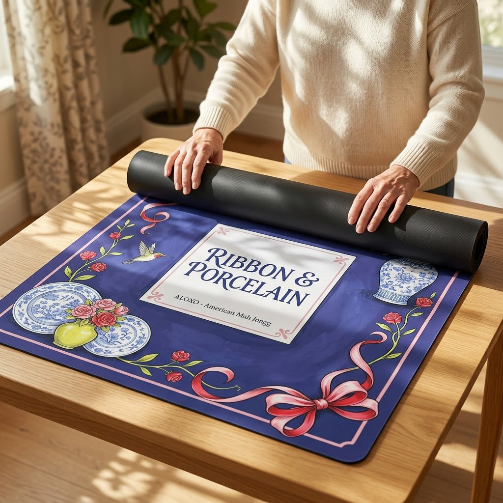 Woman unrolling the Rose Ribbon & Porcelain mahjong mat across a card table
