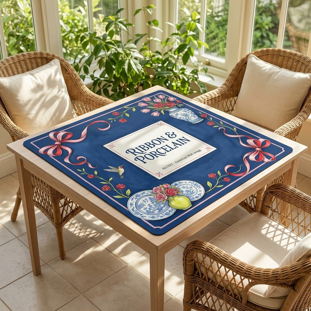 Rose Ribbon & Porcelain mahjong mat on a card table in a sunroom with wicker chairs