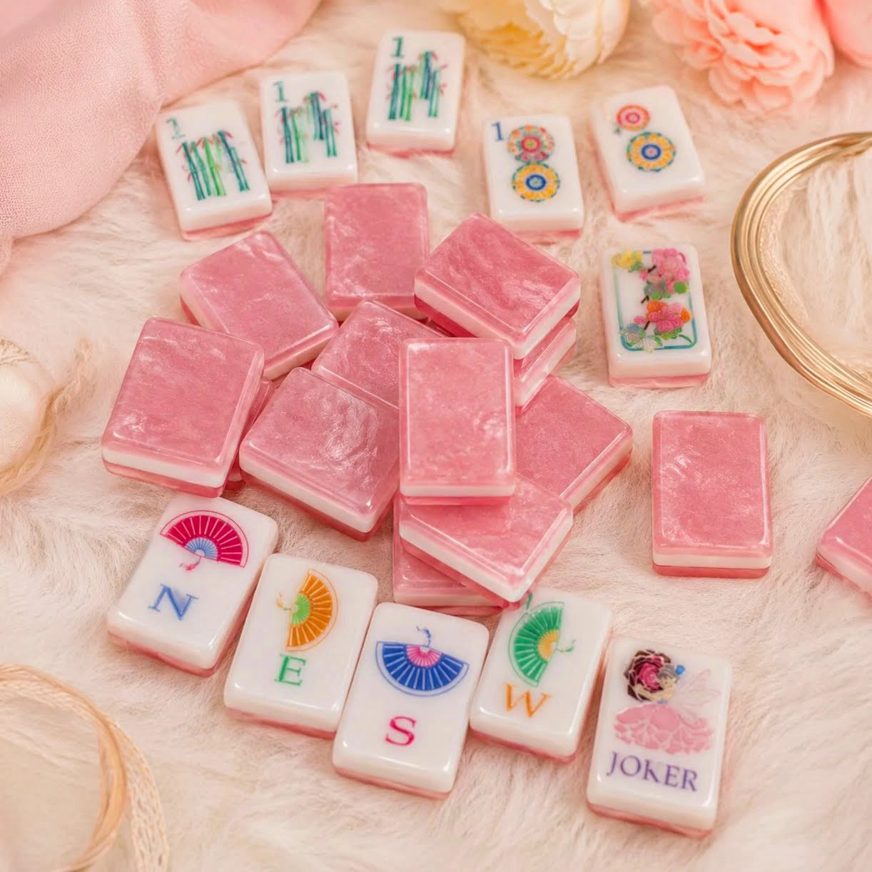 NEW 160-Piece Luxury Mahjong Tile Set, Glossy Shell Back Mahjong Tiles, Pink Floral Mahjong Set