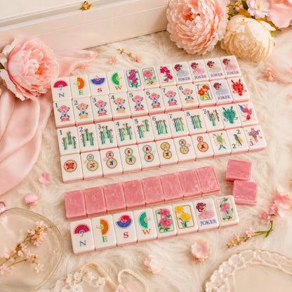 NEW 160-Piece Luxury Mahjong Tile Set, Glossy Shell Back Mahjong Tiles, Pink Floral Mahjong Set