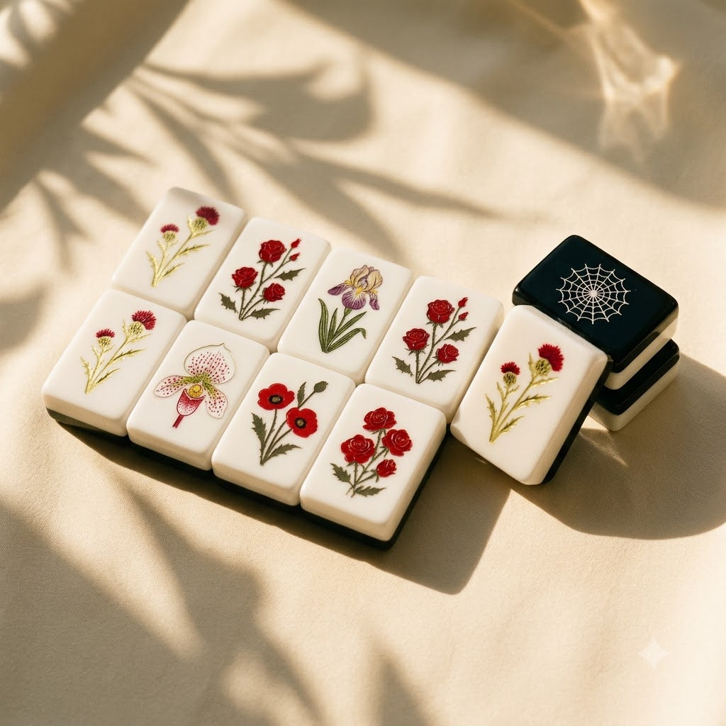 The eight botanical flower tiles — carnation, rose, ivy, poppy and more
