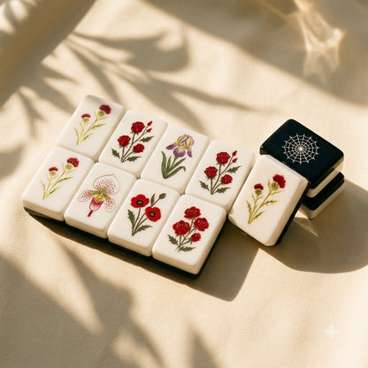 The eight botanical flower tiles — carnation, rose, ivy, poppy and more