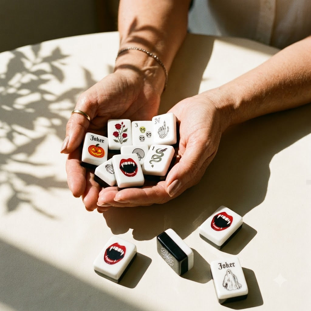 A handful of gothic mahjong tiles cradled in a woman's hands