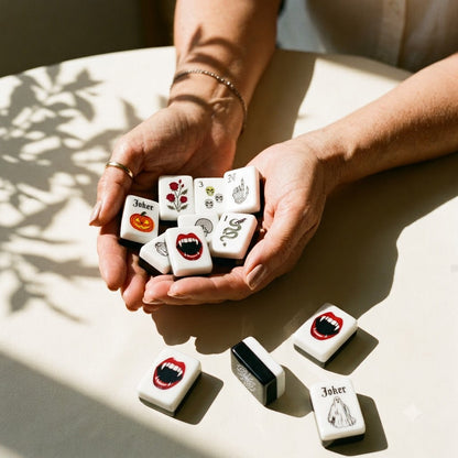 A handful of gothic mahjong tiles cradled in a woman's hands