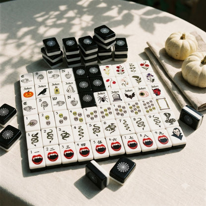 Tiles spread across an ivory table, several turned web-side up