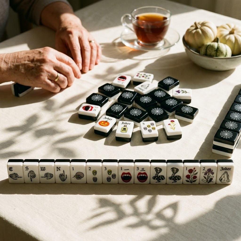 A Halloween mahjong game in progress with a cup of tea