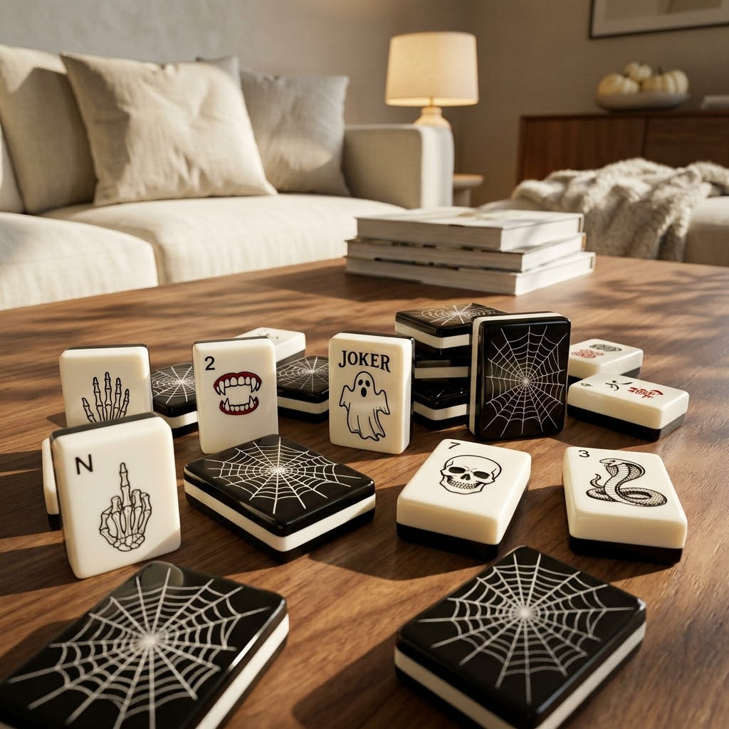 Gothic mahjong tiles on a walnut coffee table in a warm living room