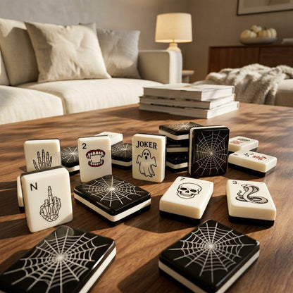 Gothic mahjong tiles on a walnut coffee table in a warm living room