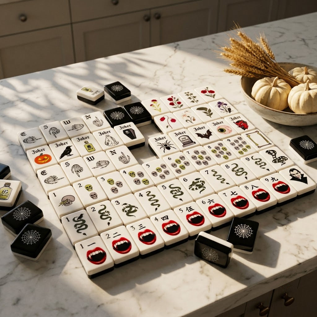 Tiles spread on a white marble kitchen island with dried wheat