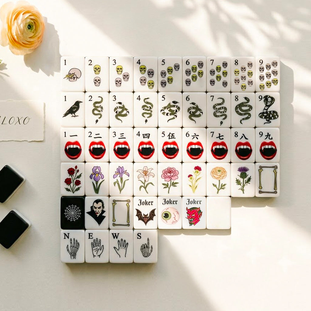 She Loved Mahj Halloween Set — 160 gothic mahjong tiles laid out in a grid