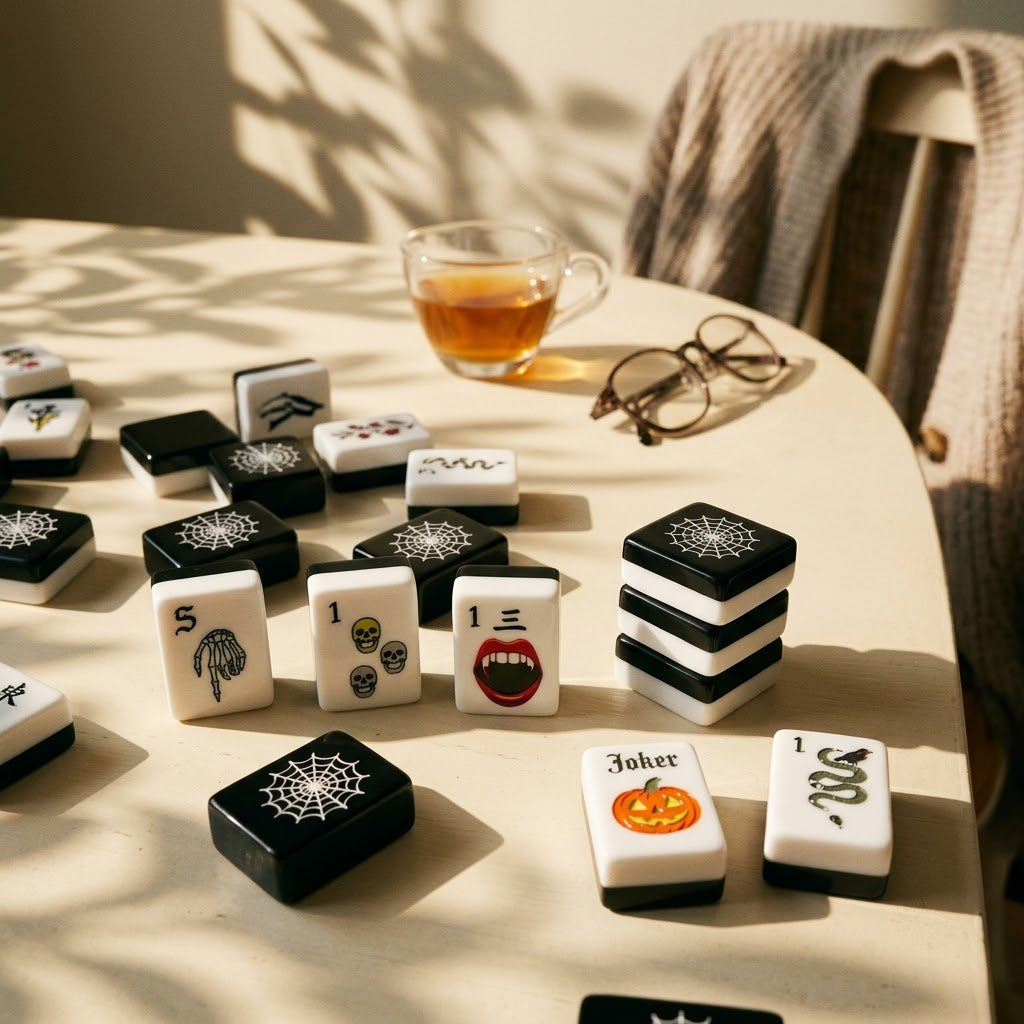 End of a game — tiles left on the table with reading glasses and tea