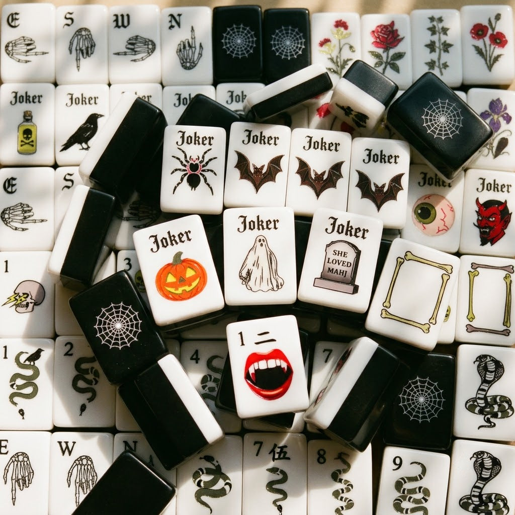 Close-up pile of gothic Halloween mahjong tiles