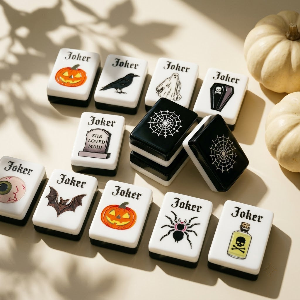 The Joker tiles, no two alike — pumpkin, raven, ghost, coffin, spider, bat